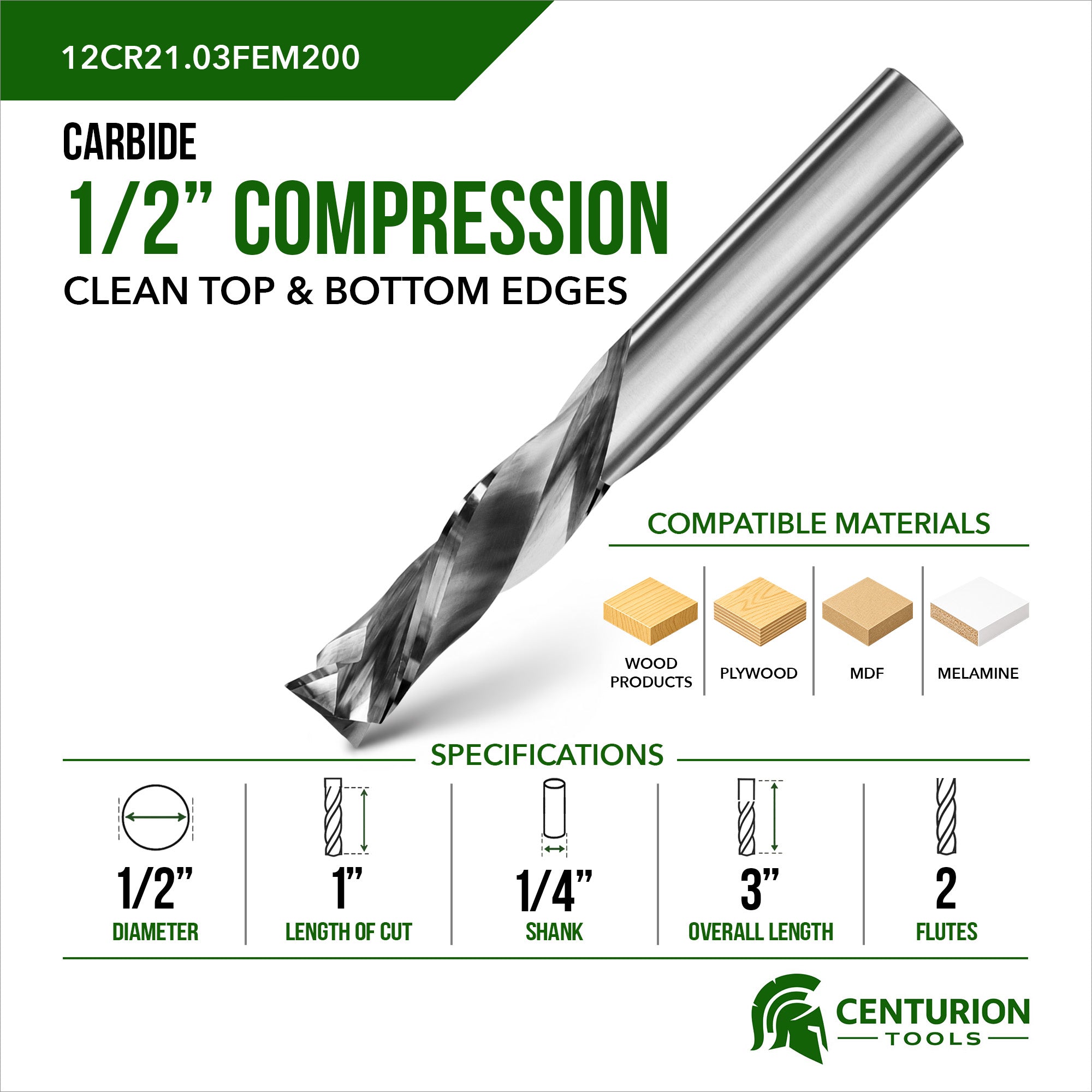 1/2" Compression Mortise 2-Flute | 1" LOC | 3" OAL | 1/2" Shank | FEM