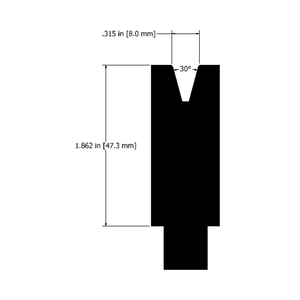 Technical drawing of an acute die tool with a 30-degree notch and dimensions: 8.0 mm width, 47.3 mm height.